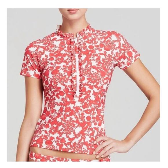 Tory Burch Rashguard Top Womens Sz XS Red Floral Ruffle 1/2 Zip Short Sleeve - Picture 1 of 11